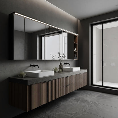 70''-96'' Modern Bathroom Vanity with Sink Dual Sinks Slatted Wood Dark Finish Mirror Cabinet
