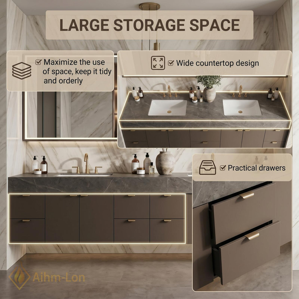 60''-96'' Double Bathroom Vanity with Sink Dark Grey Finish Sleek Bathroom Spaces