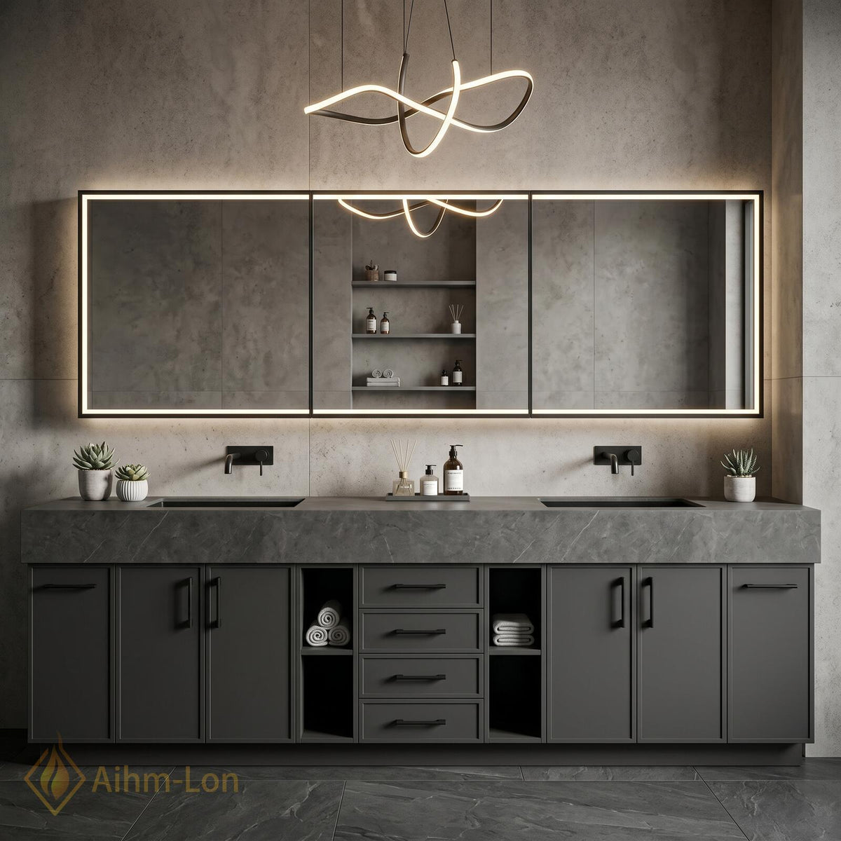 60''-96'' Double Bathroom Vanity with Sink Industrial Gray Matte Finish Open Shelving