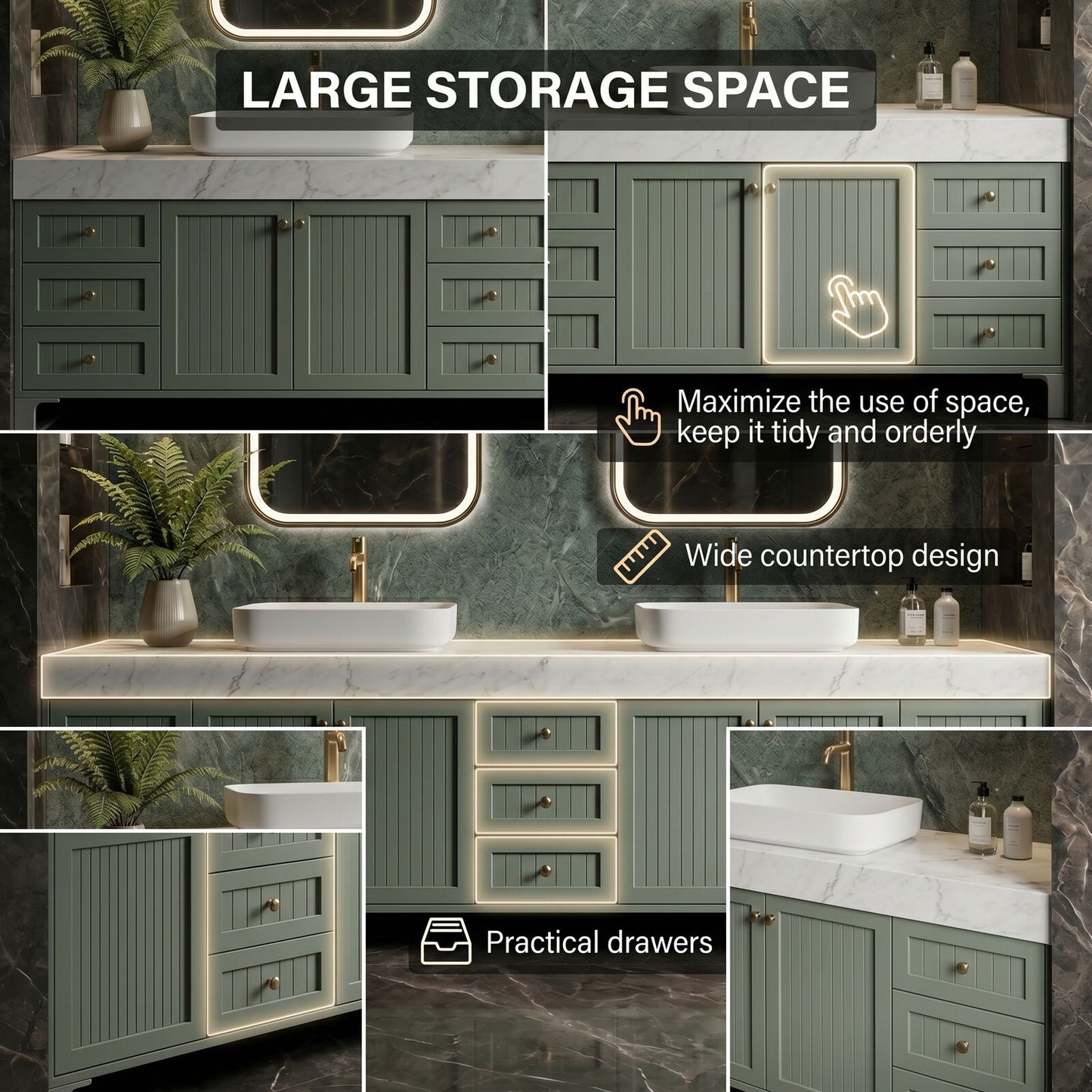 78''-96'' Double Bathroom Vanity with Sink Vessel Sinks Sliding Panel Emerald Green Cabinet