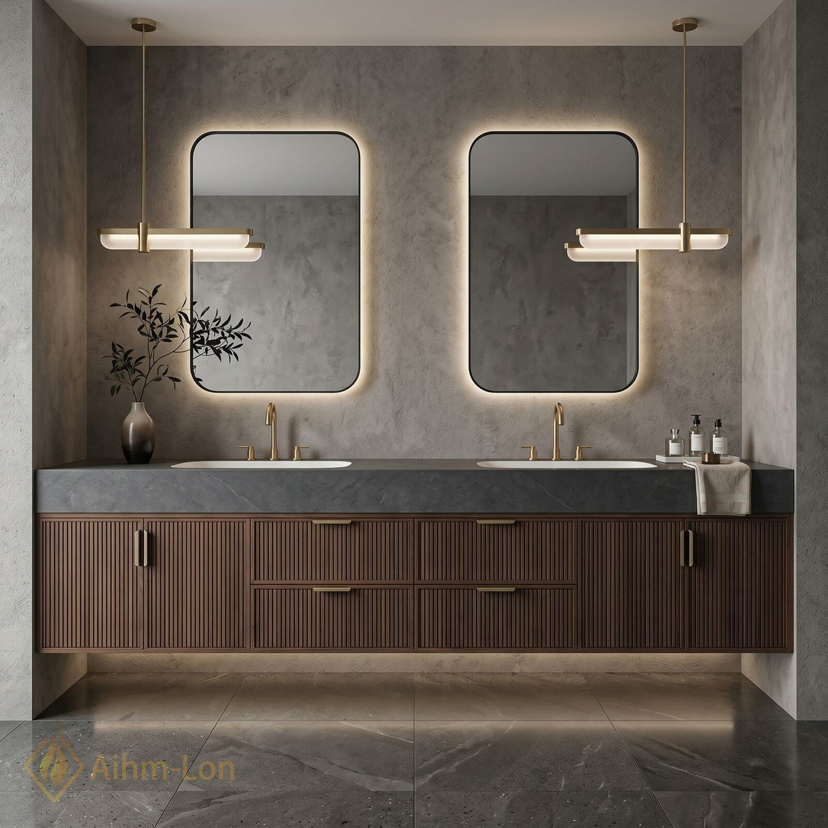60''-96'' Double Bathroom Vanity with Sink Slatted Side Panels Deep Brown Tone