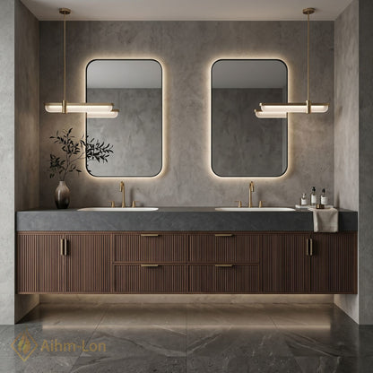 60''-96'' Double Bathroom Vanity with Sink Slatted Side Panels Deep Brown Tone