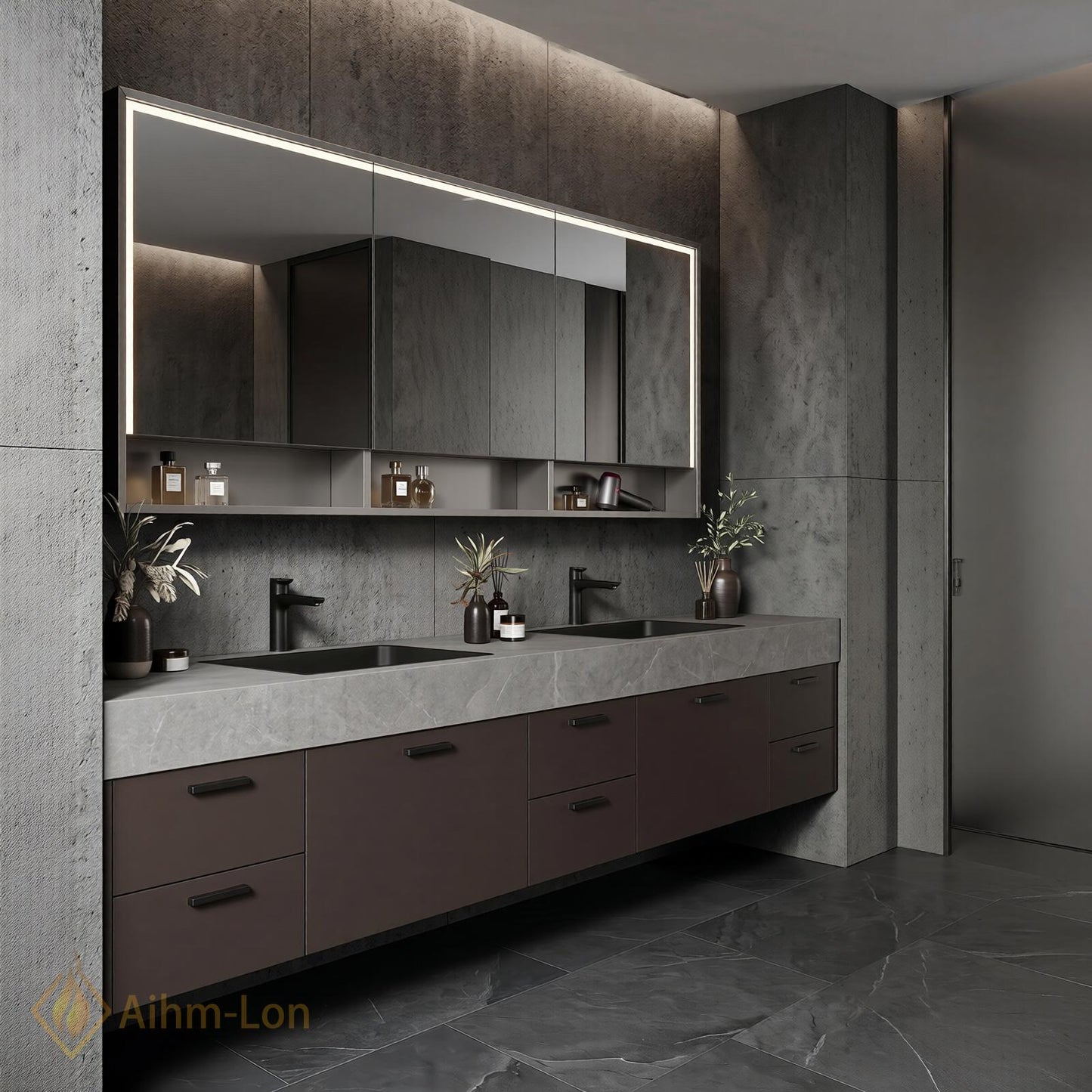 70''-96'' Double Bathroom Vanity with Sink Dark Stone Finish Slatted Center Panel