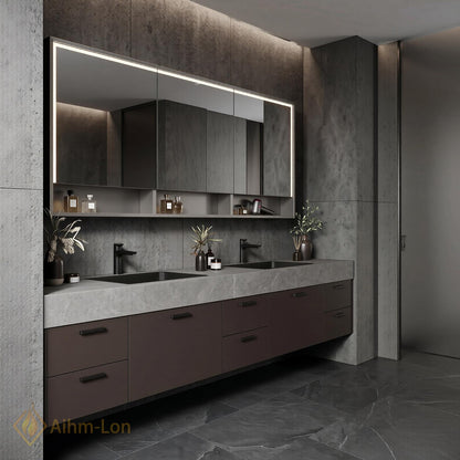 70''-96'' Double Bathroom Vanity with Sink Dark Stone Finish Slatted Center Panel