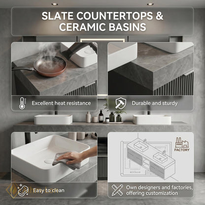 60''-96'' Double Bathroom Vanity with Sink Floating Slatted Drawers Concrete Texture Top