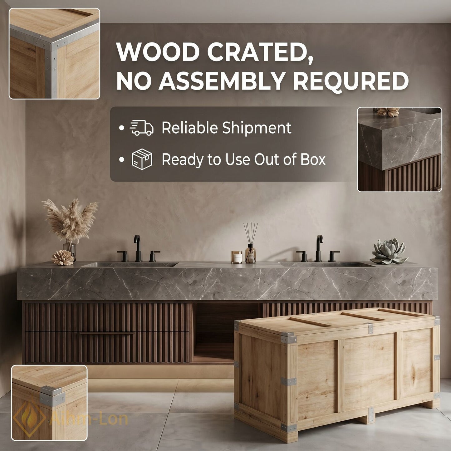 60''-96'' Double Bathroom Vanity with Sink Slate Grey Stone Top Fluted Wood