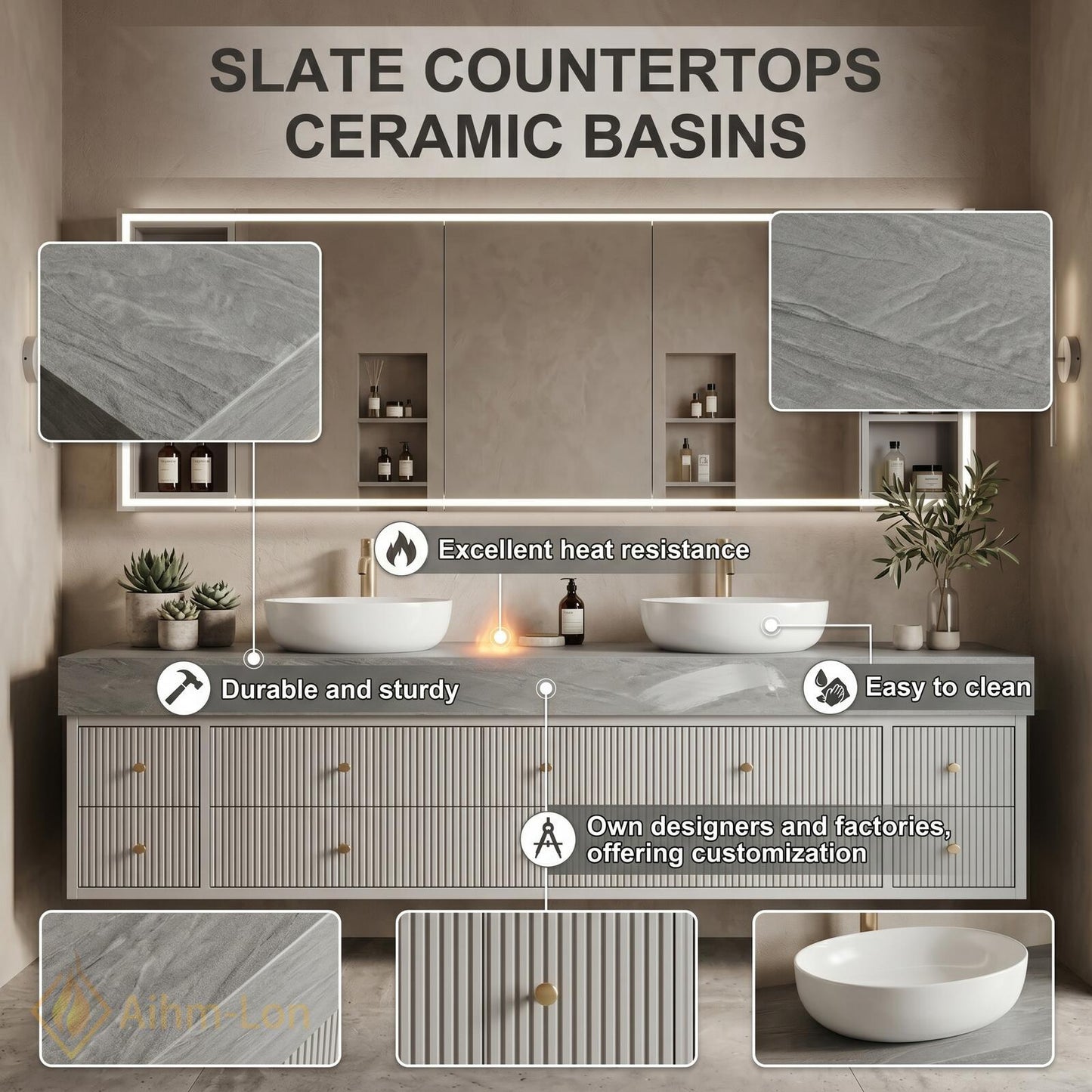 70''-96'' Double Bathroom Vanity with Sink Modern Floating Ribbed Drawers White Finish