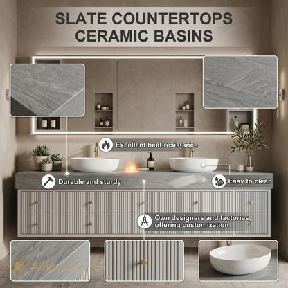 70''-96'' Double Bathroom Vanity with Sink Modern Floating Ribbed Drawers White Finish