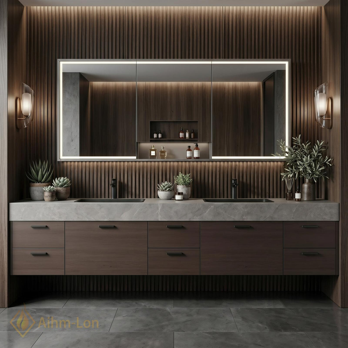 60''-96'' Double Bathroom Vanity with Sink Geometric Slatted Doors Dark Stone Countertop