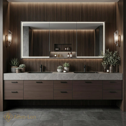 60''-96'' Double Bathroom Vanity with Sink Geometric Slatted Doors Dark Stone Countertop