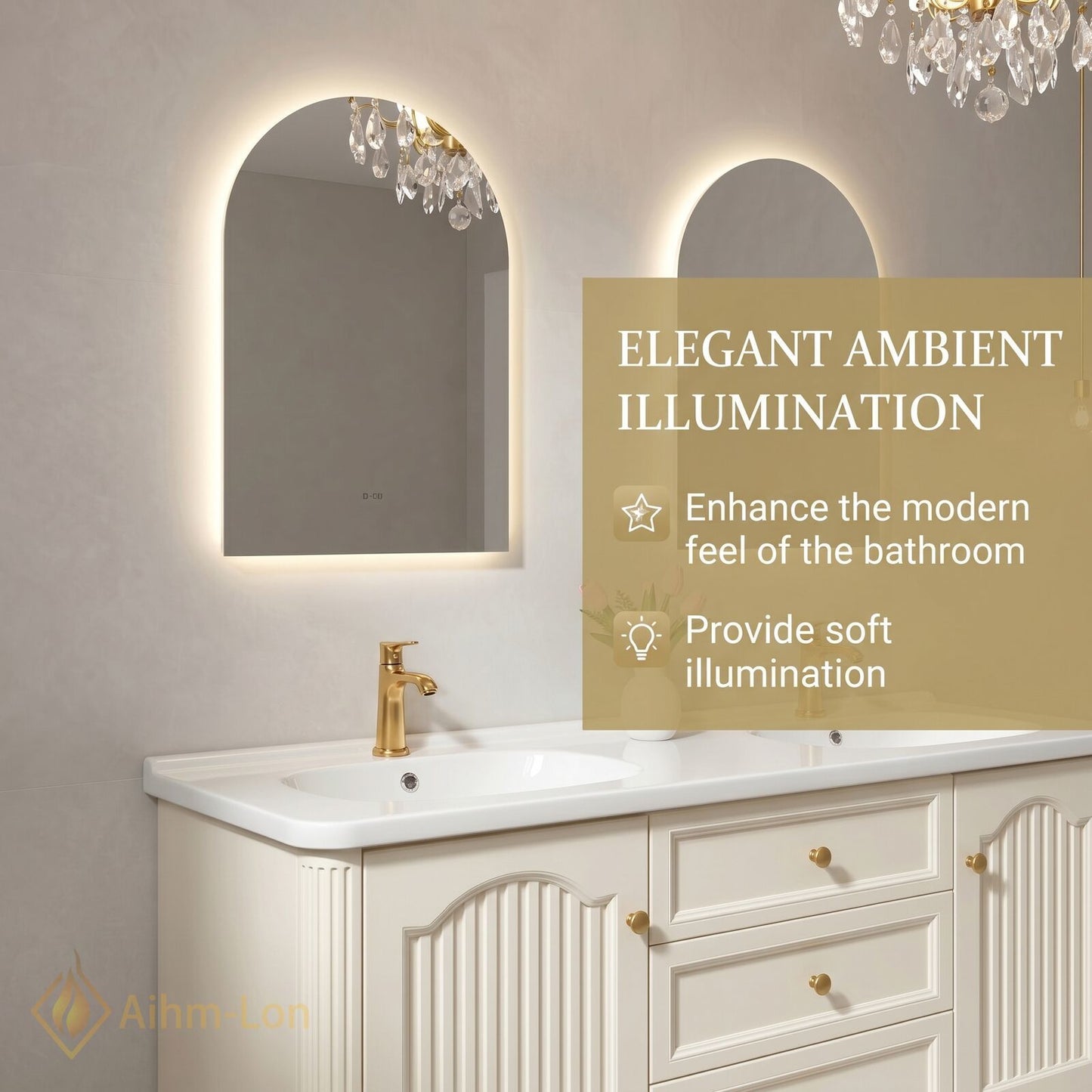 60''-96'' Modern Bathroom Vanity with Sink Floating Cream Arch-Topped Mirrors Drawers Storage