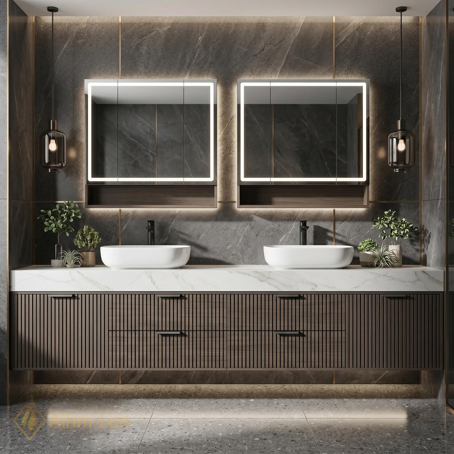 72''-96'' Double Bathroom Vanity with Sink Dark-Wood Modern Slatted Open Drawer