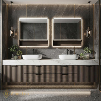 72''-96'' Double Bathroom Vanity with Sink Dark-Wood Modern Slatted Open Drawer