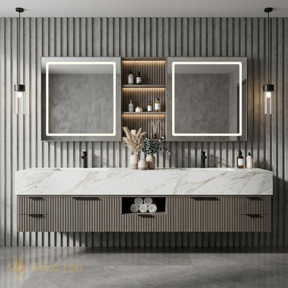 70''-96'' Double Bathroom Vanity with Sink Vertical Slatted Front White Marble Top