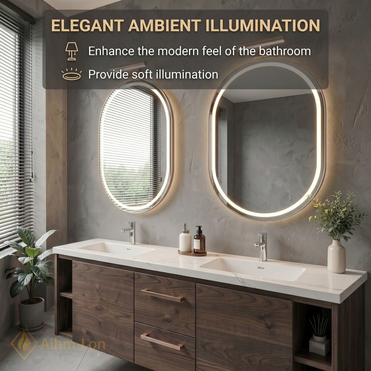 60''-96'' Modern Bathroom Vanity with Sink Floating Warm Woodgrain LED Oval Mirrors