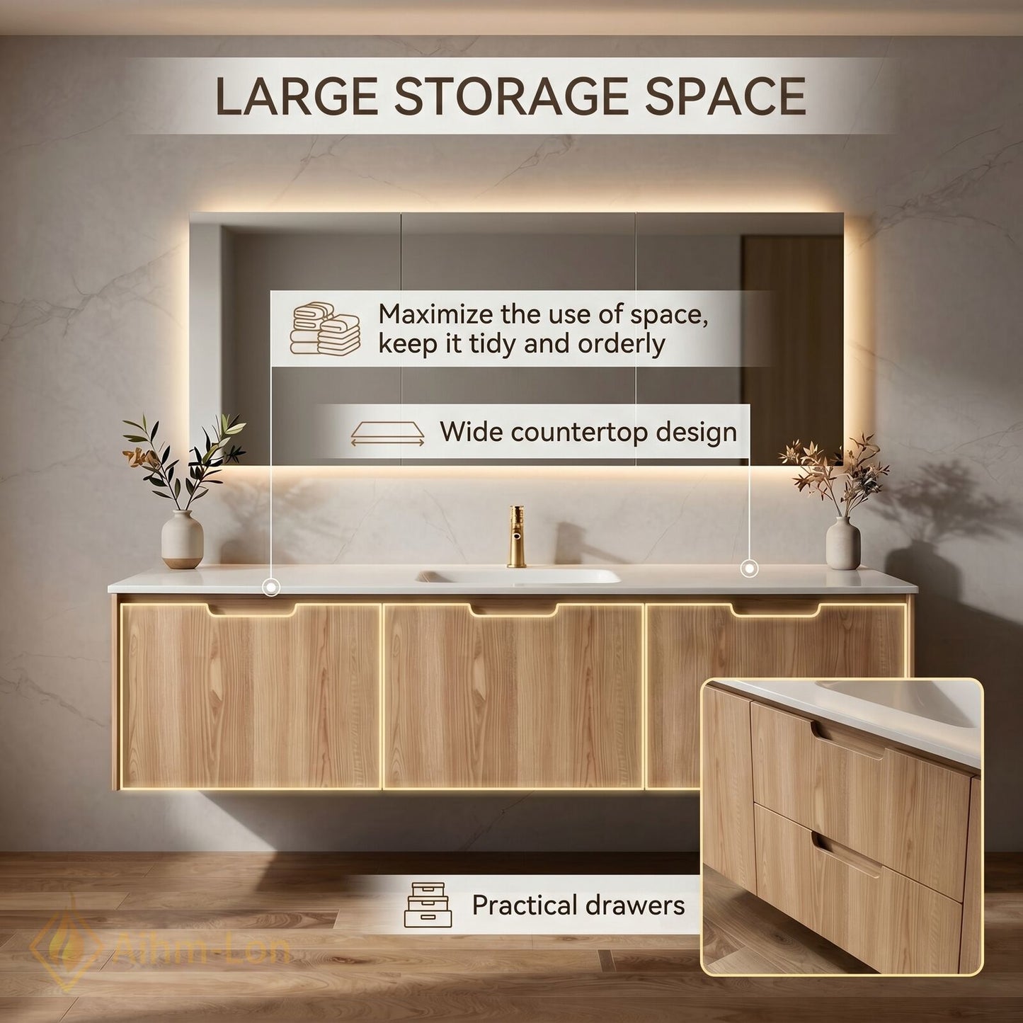 36''-64'' Single Bathroom Vanity with Sink Floating Light Oak Wood Grain Mirror Cabinet