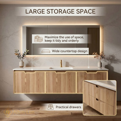 36''-64'' Single Bathroom Vanity with Sink Floating Light Oak Wood Grain Mirror Cabinet