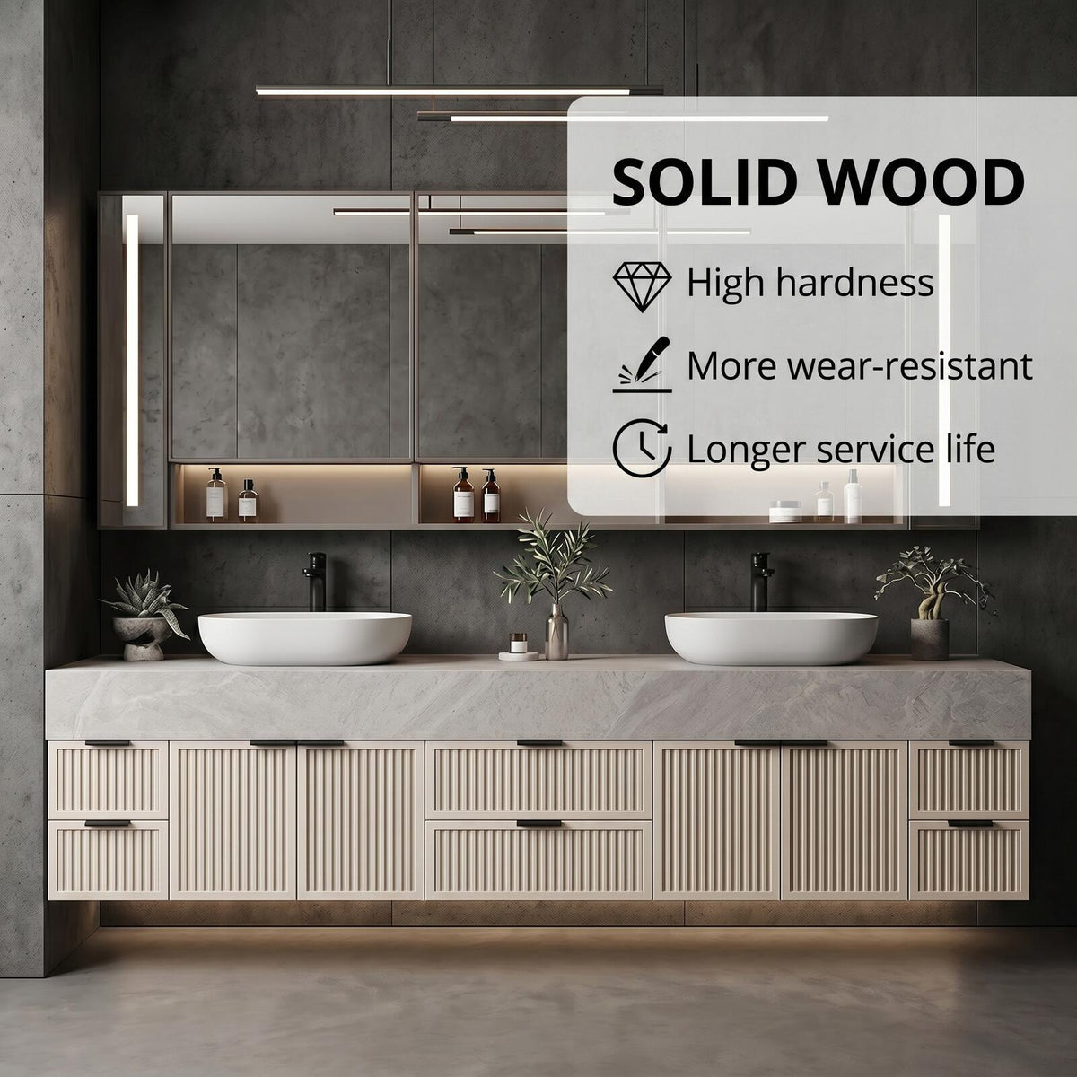60''-96'' Double Bathroom Vanity with Sink Modern Floating Cream Slatted Doors Dual Basins