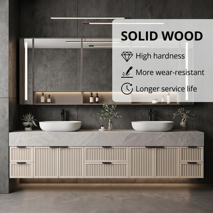 60''-96'' Double Bathroom Vanity with Sink Modern Floating Cream Slatted Doors Dual Basins