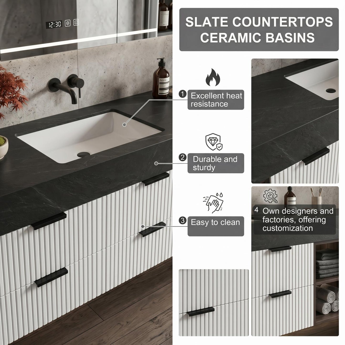 70''-96'' Modern Bathroom Vanity with Sink Floating Dark Stone Ribbed Panel Fronts Cabinet