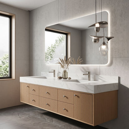 70''-96'' Modern Bathroom Vanity with Sink Vertical Slat Panels Rounded Corner Cabinet