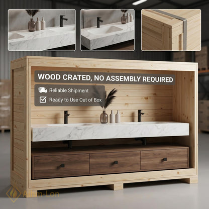60''-96'' Double Bathroom Vanity with Sink Dark-Walnut Modern Floating Slatted Panel