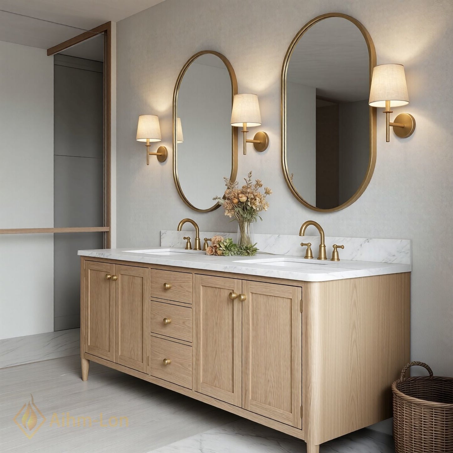 60''-96'' Spacious Bathroom Vanity with Sink Double Sink Natural Oak Marble Top