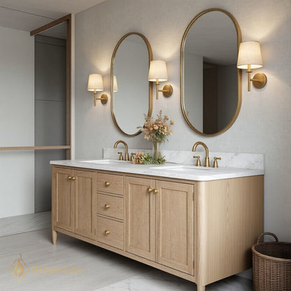 60''-96'' Spacious Bathroom Vanity with Sink Double Sink Natural Oak Marble Top
