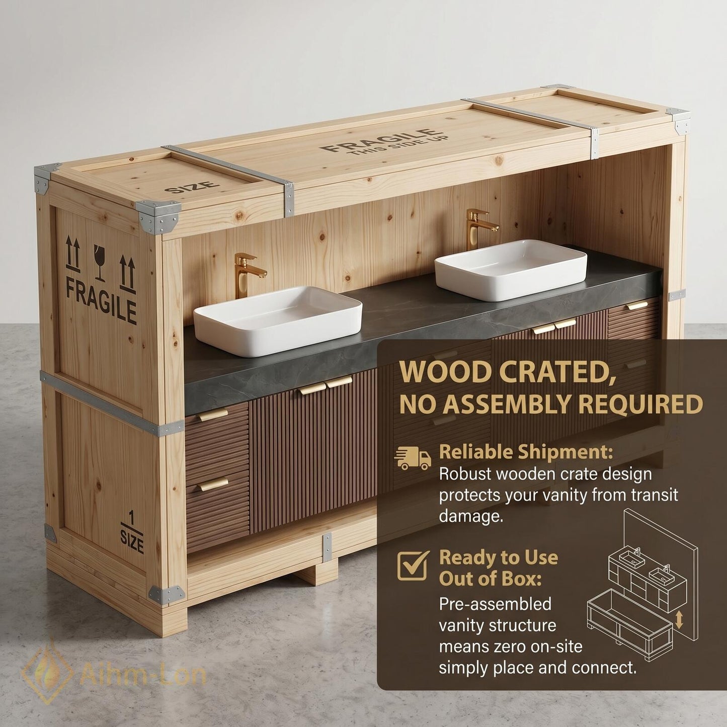72''-96'' Double Bathroom Vanity with Sink Dark-Wood Modern Countertop Finish Vertical