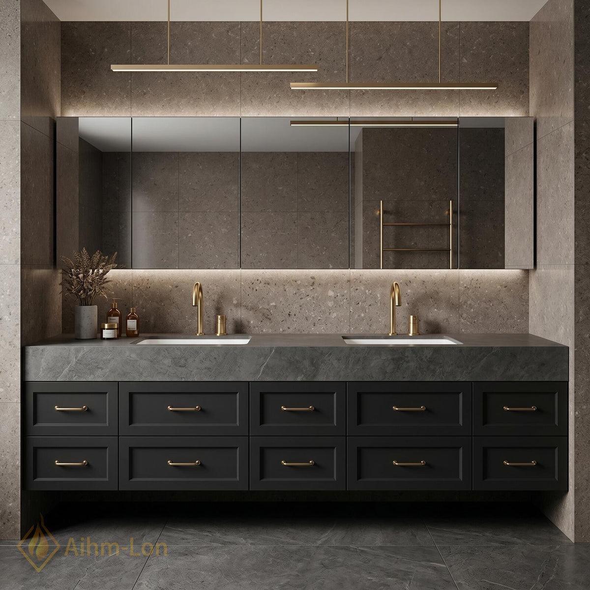 60''-96'' Double Bathroom Vanity with Sink Matte Charcoal Finish Stone Top