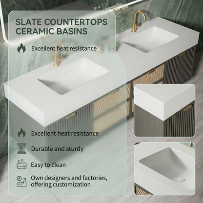 60''-96'' Double Bathroom Vanity with Sink Rattan Front Drawers Slat Panel Gold Pulls