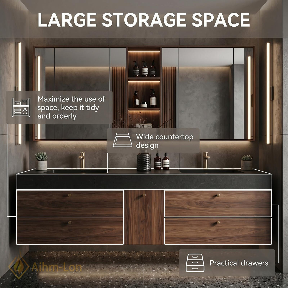 60''-96'' Double Bathroom Vanity with Sink Modern Floating Dark Walnut Open Shelving