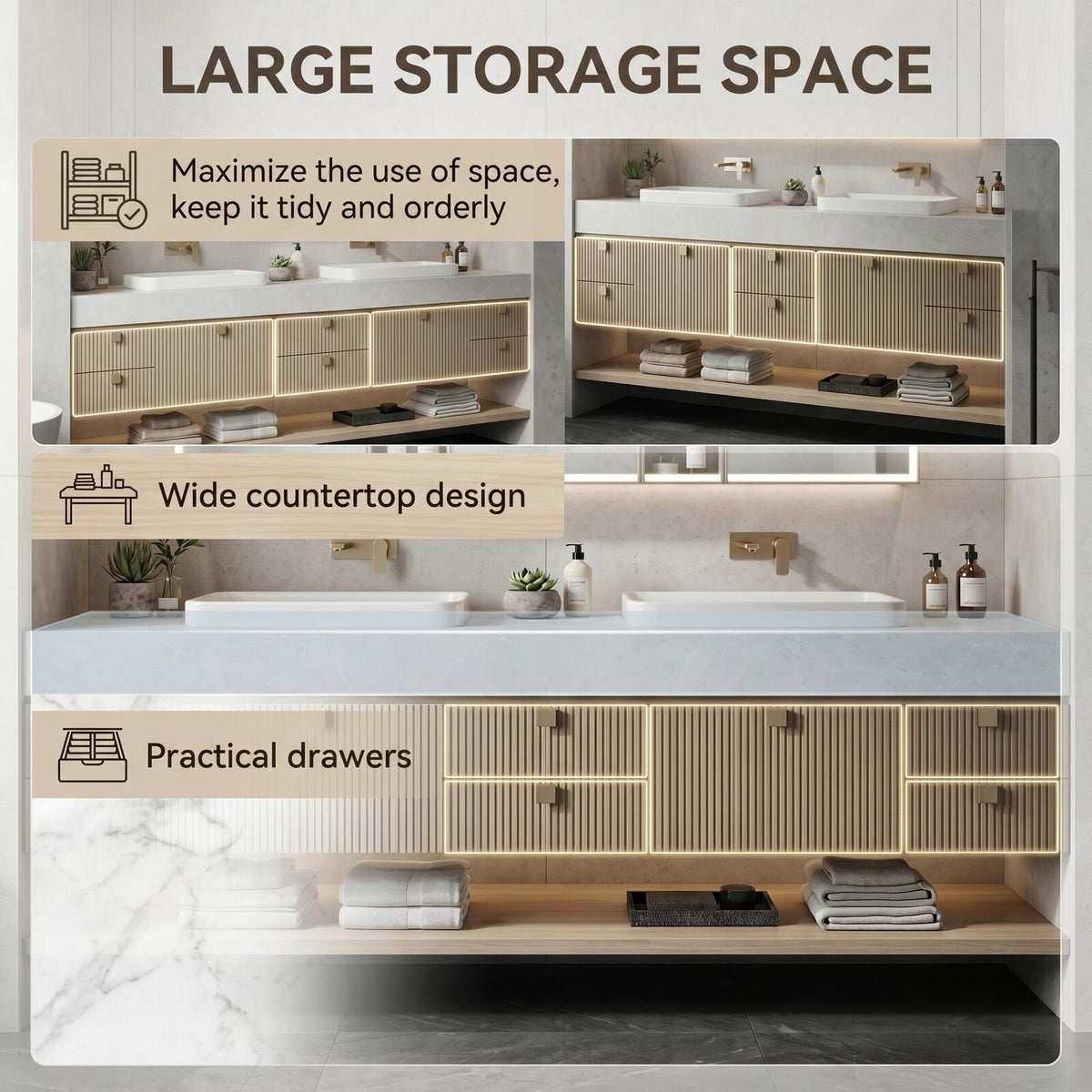 60''-96'' Double Bathroom Vanity with Sink Modern Floating Slatted Front Panels Open Shelf