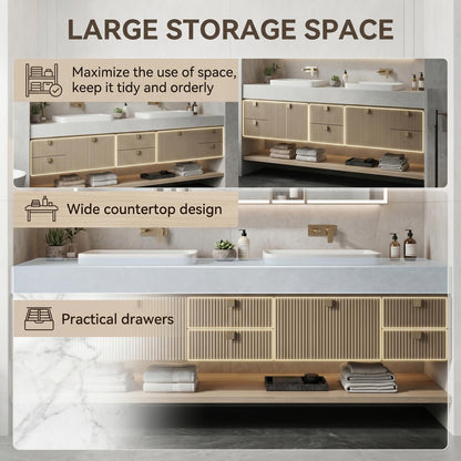 60''-96'' Double Bathroom Vanity with Sink Modern Floating Slatted Front Panels Open Shelf