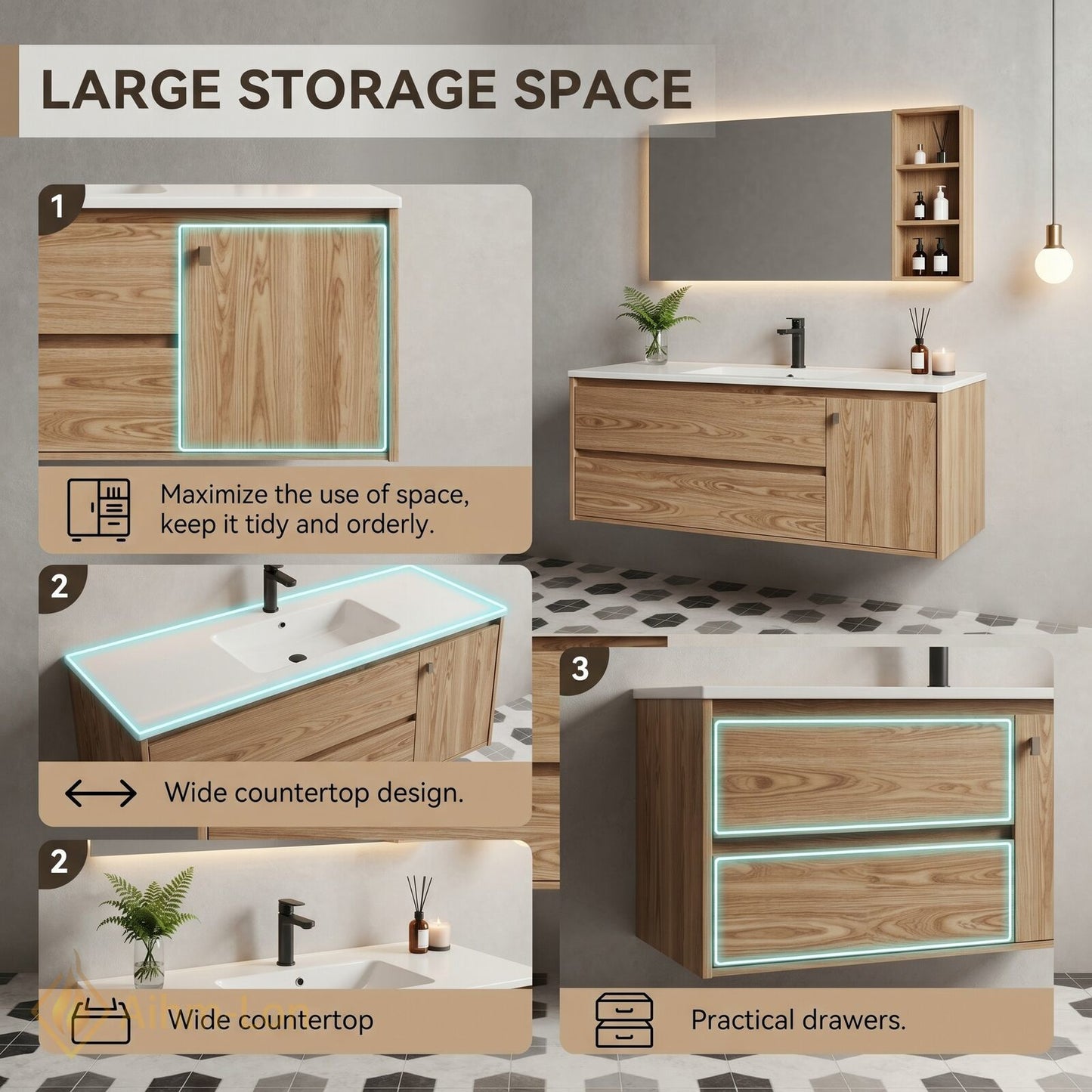 36''-64'' Floating Bathroom Vanity with Sink Warm Wood Grain White Integrated Mirror