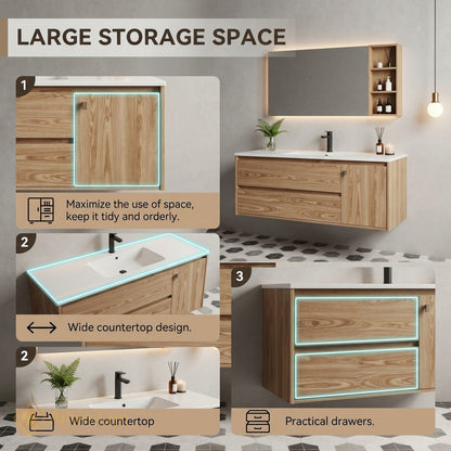 36''-64'' Floating Bathroom Vanity with Sink Warm Wood Grain White Integrated Mirror