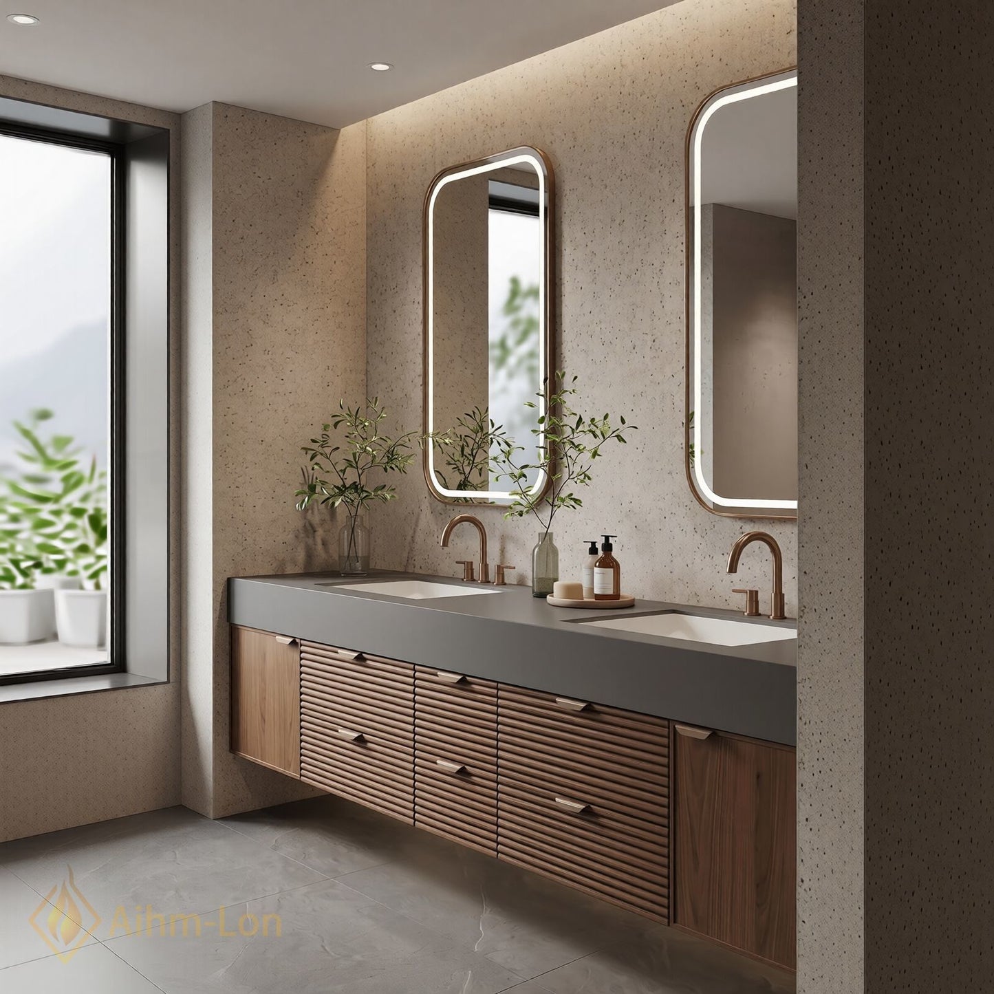 70''-96'' Double Bathroom Vanity with Sink Modern Stone-Top Slatted Dark Wooden Drawers