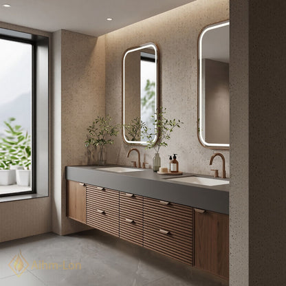 70''-96'' Double Bathroom Vanity with Sink Modern Stone-Top Slatted Dark Wooden Drawers