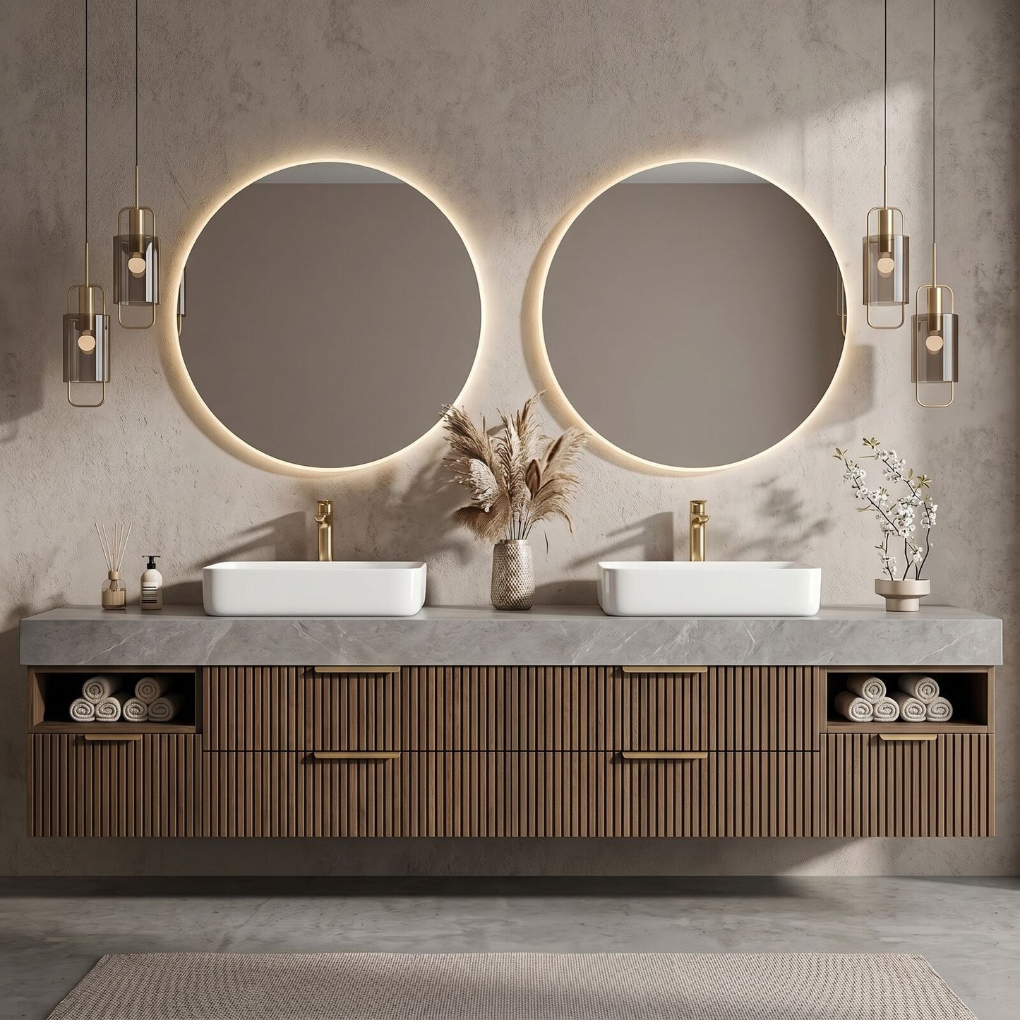 60''-96'' Modern Bathroom Vanity with Sink Double Sink Wide Stone Slatted Wood Drawers