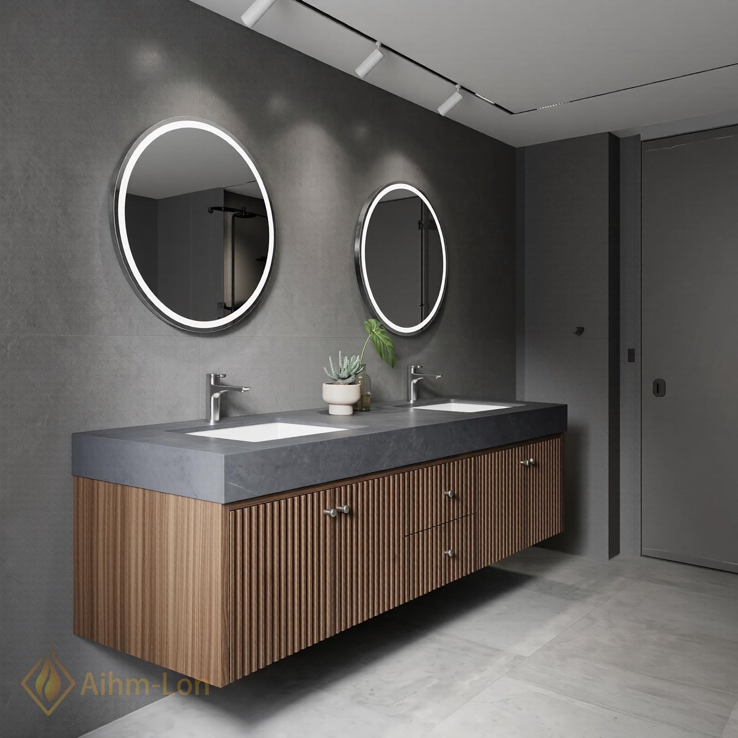 60''-96'' Double Bathroom Vanity with Sink Dark-Wood Modern Floating Fluted Panels