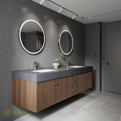 60''-96'' Double Bathroom Vanity with Sink Dark-Wood Modern Floating Fluted Panels