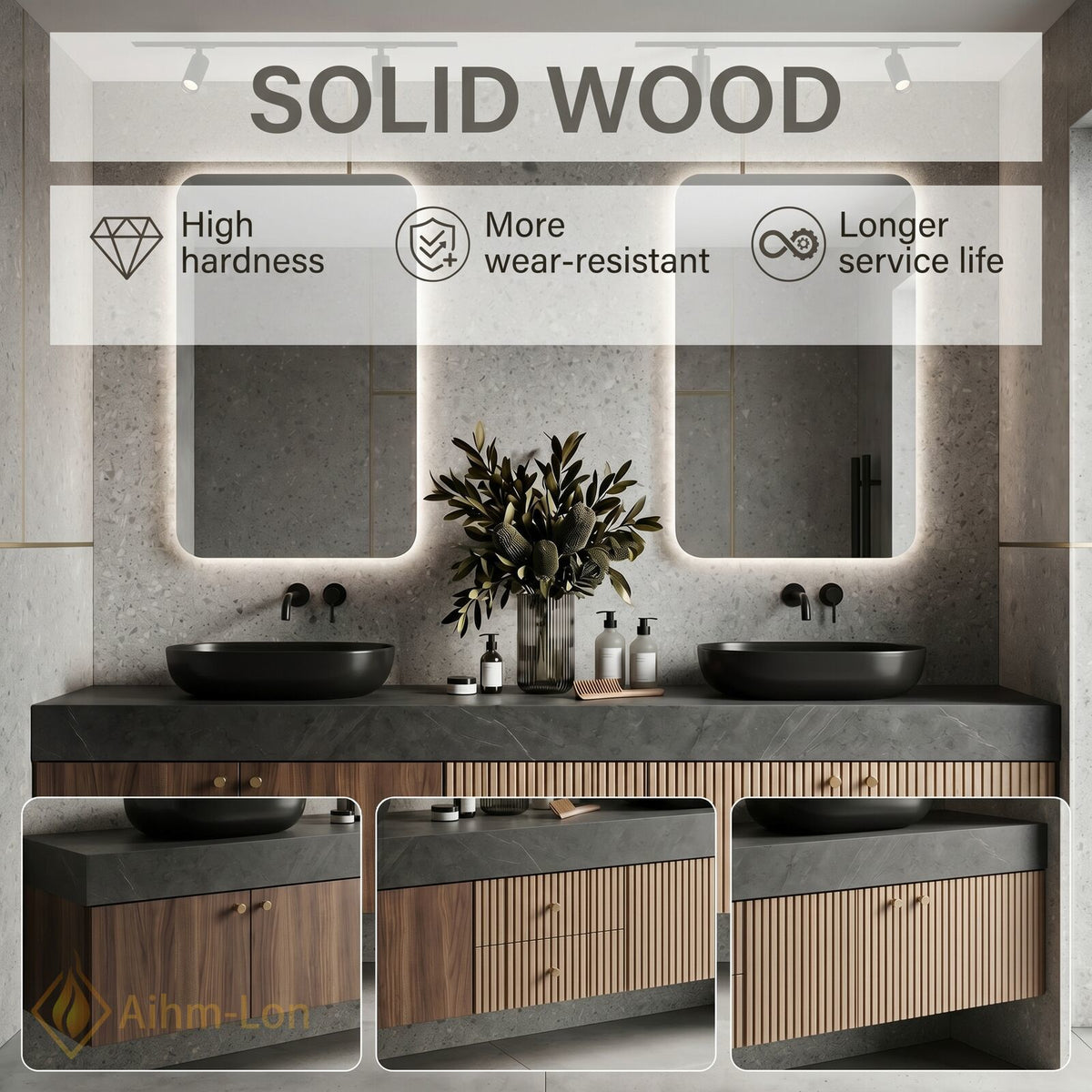 60''-96'' Double Bathroom Vanity with Sink Dark Stone Top Warm Wood Cabinet