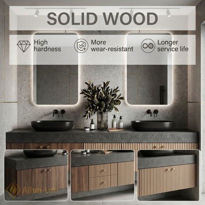 60''-96'' Double Bathroom Vanity with Sink Dark Stone Top Warm Wood Cabinet