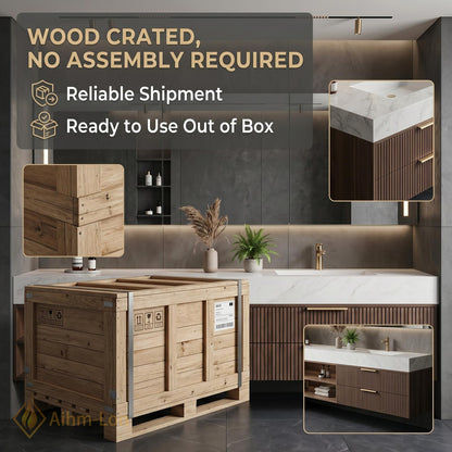 60''-96'' Modern Bathroom Vanity with Sink Slatted Dark Walnut Finish Open Shelving