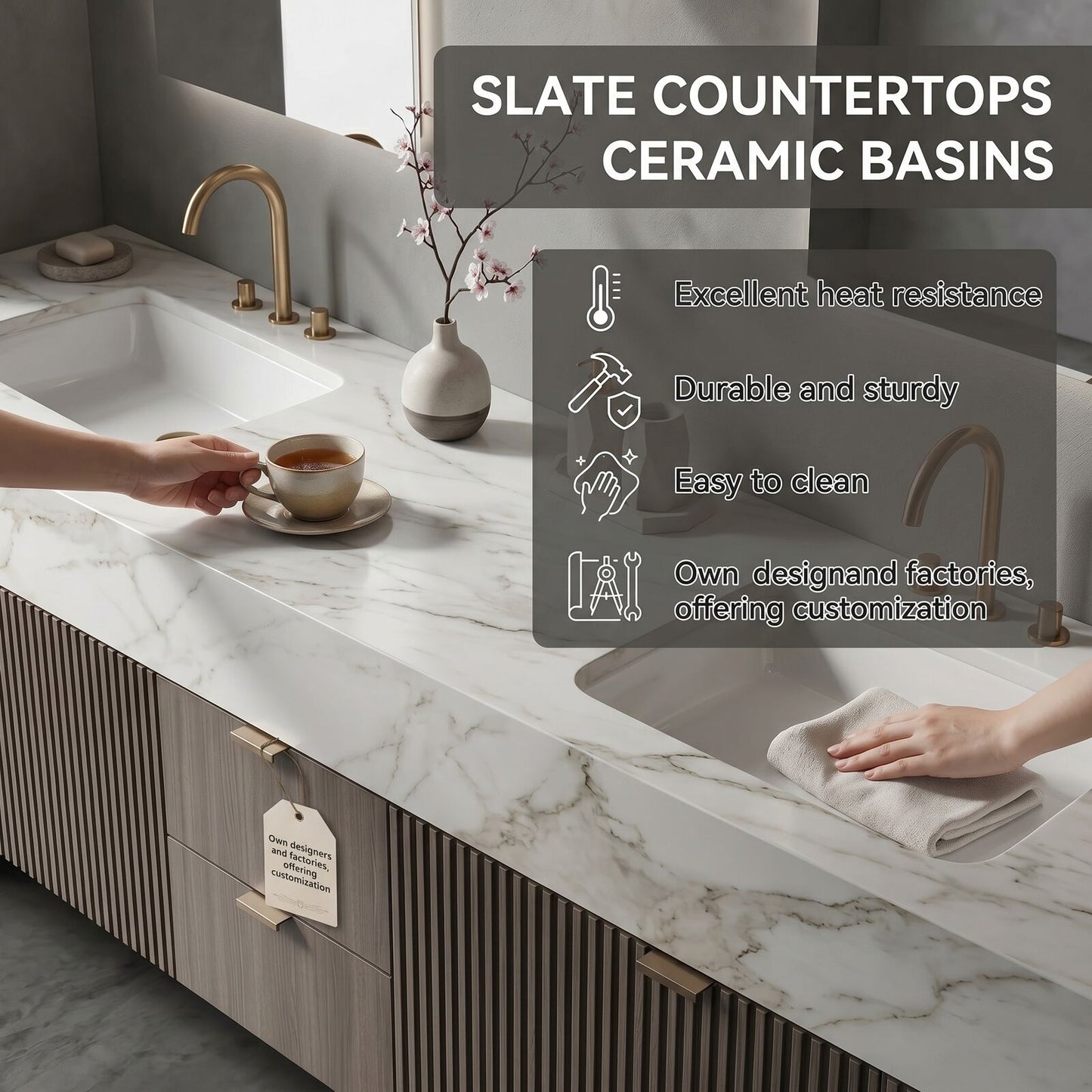 72''-96'' Modern Bathroom Vanity with Sink Double Sink Ridge-Panel Marble-Effect Mirror Cabinet