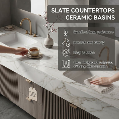 72''-96'' Modern Bathroom Vanity with Sink Double Sink Ridge-Panel Marble-Effect Mirror Cabinet