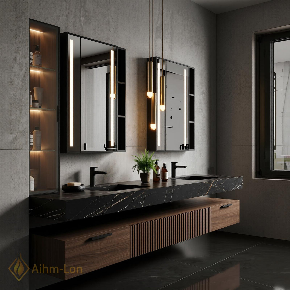 60''-96'' Bathroom Vanity with Sink Floating Dark Walnut Finish Vented Slatted Panel