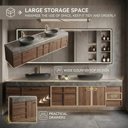 60''-96'' Double Bathroom Vanity with Sink Grey Stone Countertop Walnut Wood Drawers