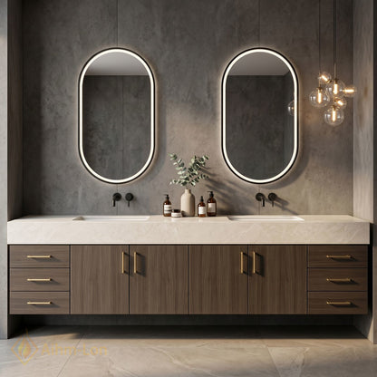 60''-96'' Double Bathroom Vanity with Sink Floating Basin Design Backlit Mirrors Veneer
