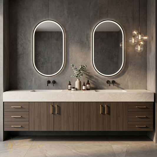 60''-96'' Double Bathroom Vanity with Sink Floating Basin Design Backlit Mirrors Veneer